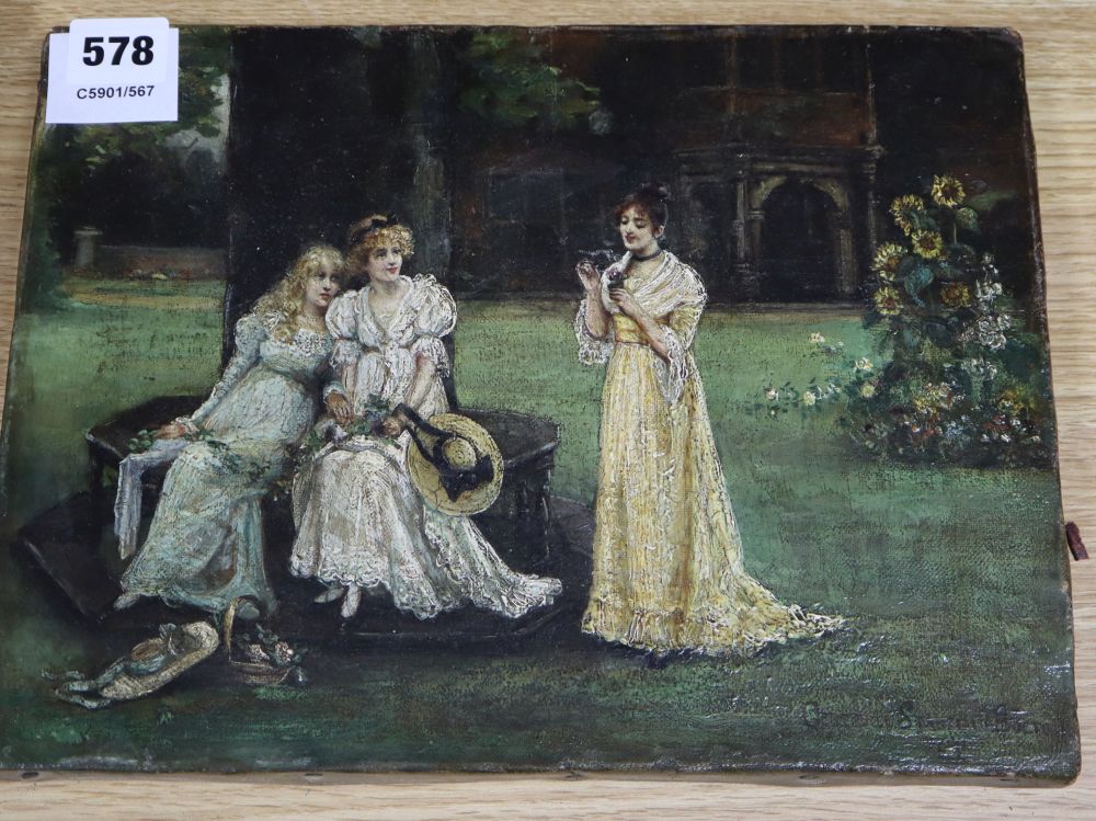 G.S. Bolton (19th C.), oil on canvas, Young ladies in a garden, signed and dated 1894, 23 x 30.5cm, unframed